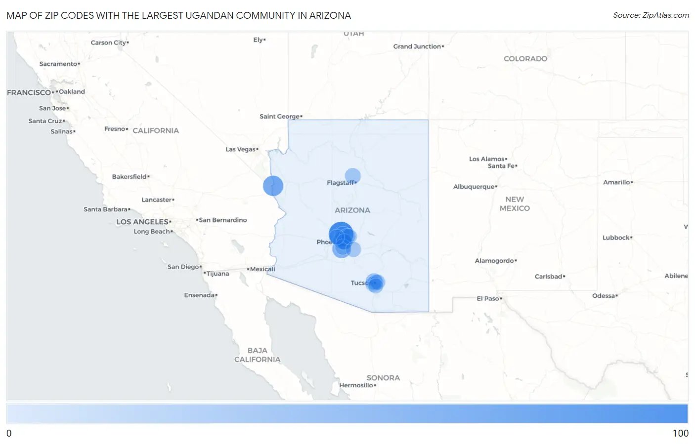 Zip Codes with the Largest Ugandan Community in Arizona Map