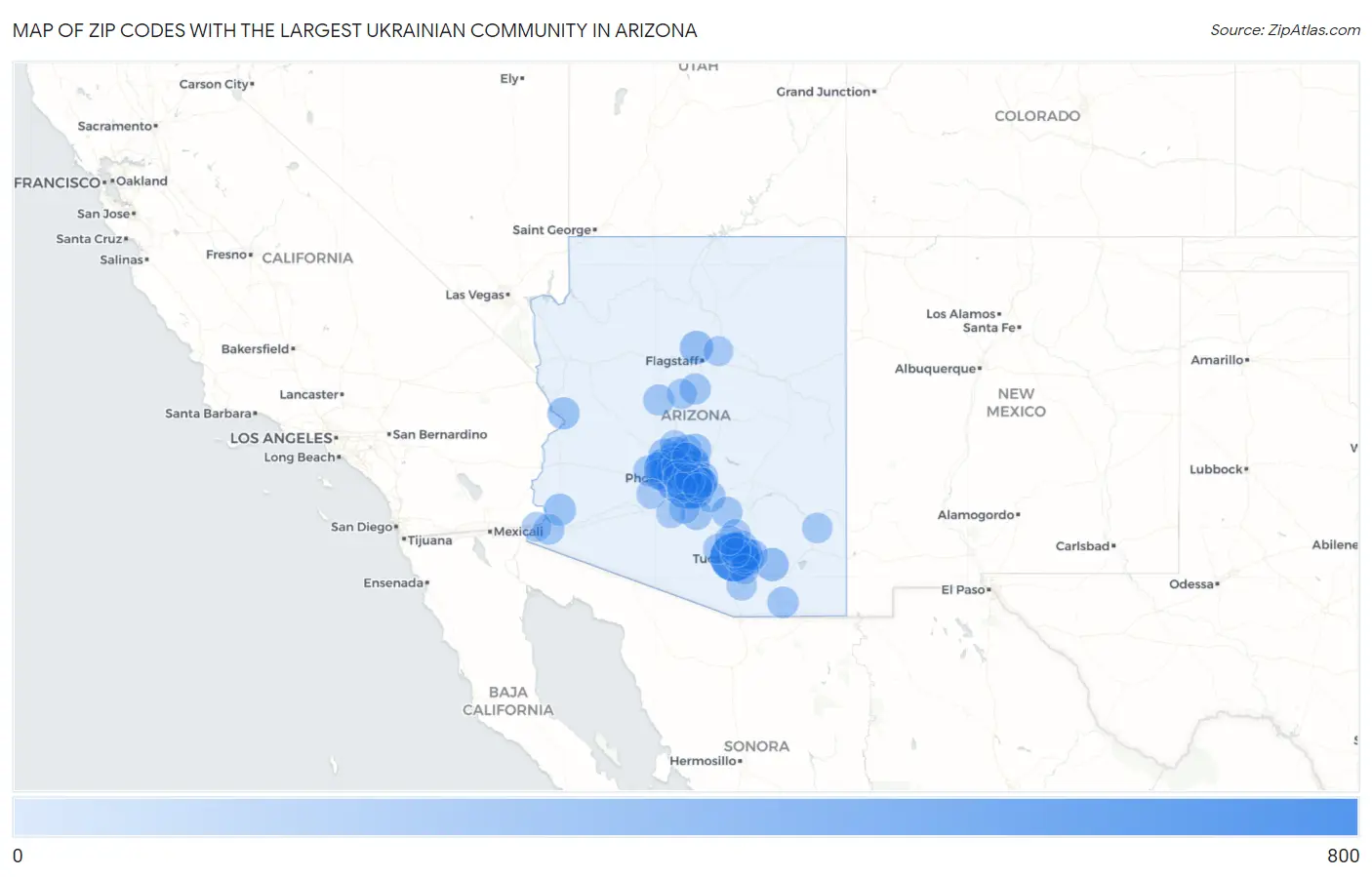 Zip Codes with the Largest Ukrainian Community in Arizona Map
