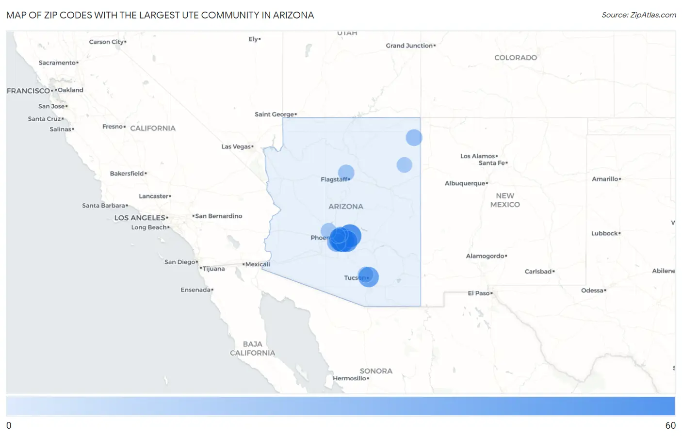 Zip Codes with the Largest Ute Community in Arizona Map
