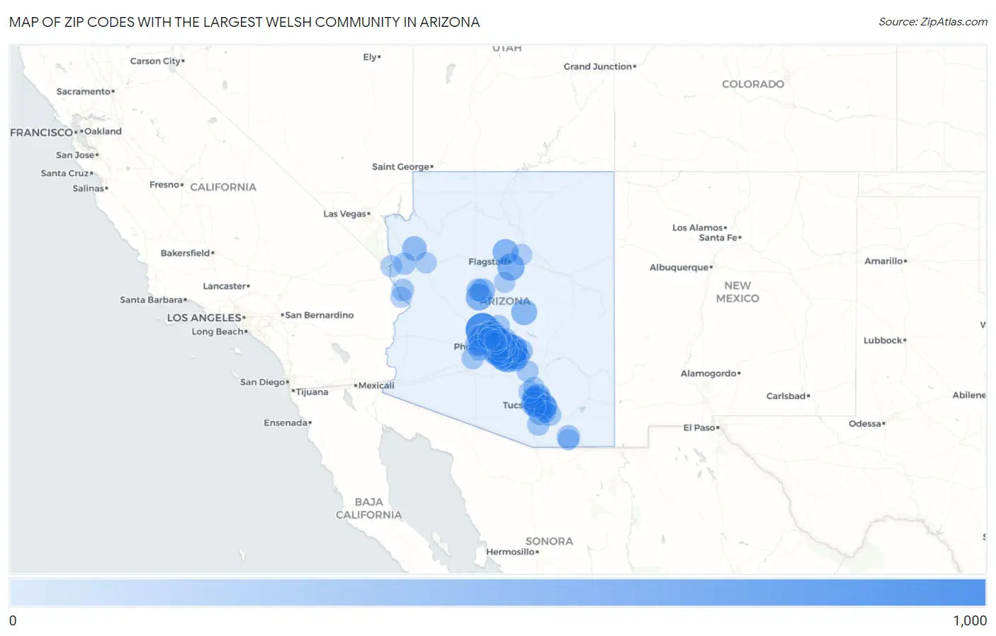Zip Codes with the Largest Welsh Community in Arizona Map