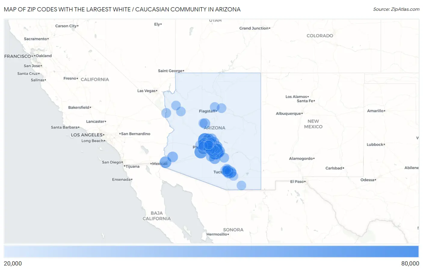 Zip Codes with the Largest White / Caucasian Community in Arizona Map