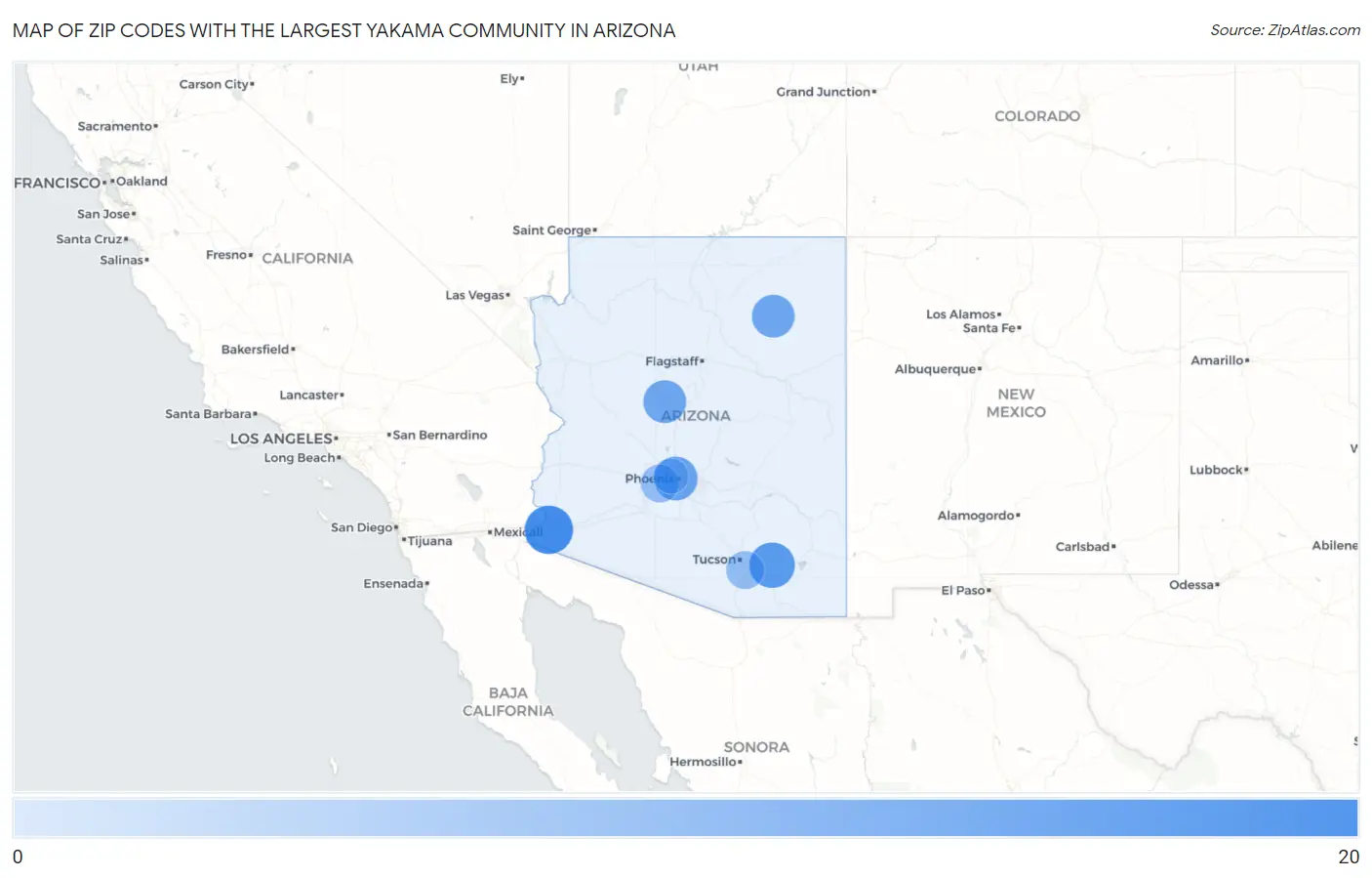 Zip Codes with the Largest Yakama Community in Arizona Map
