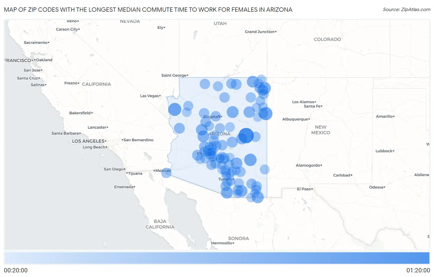 Zip Codes with the Longest Median Commute Time to Work for Females in Arizona Map