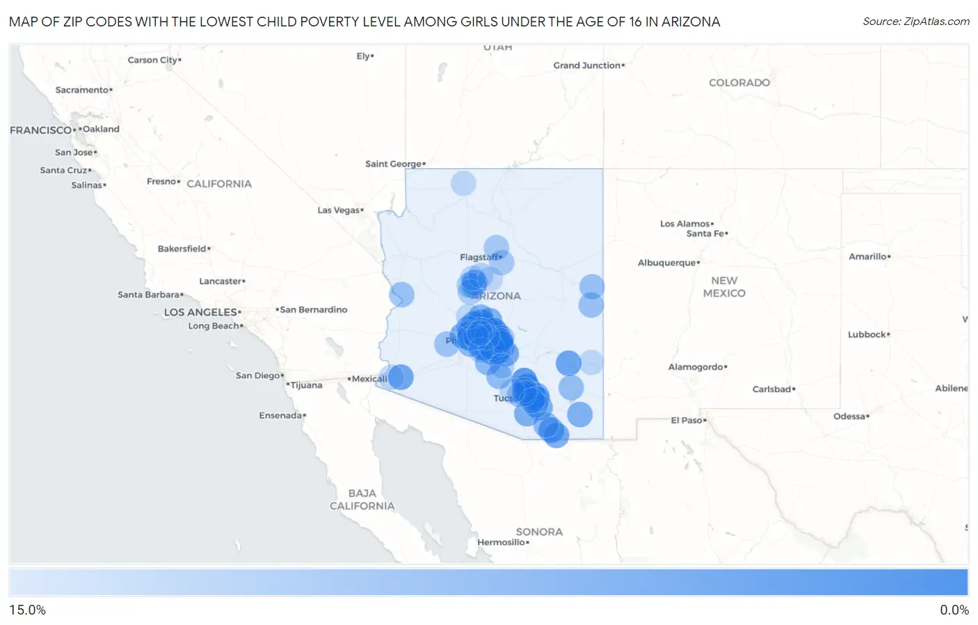Zip Codes with the Lowest Child Poverty Level Among Girls Under the Age of 16 in Arizona Map