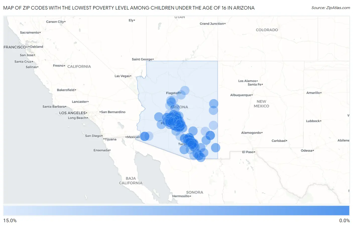 Zip Codes with the Lowest Poverty Level Among Children Under the Age of 16 in Arizona Map