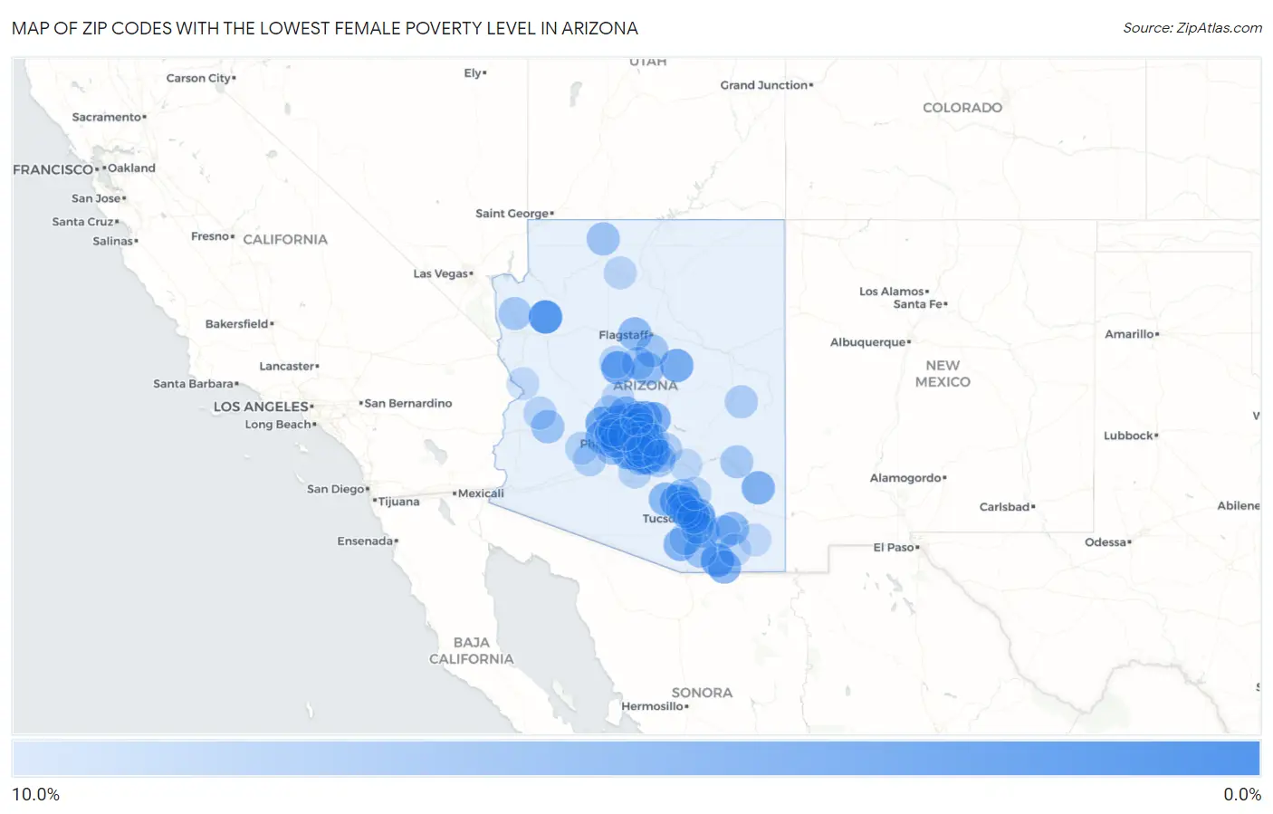 Zip Codes with the Lowest Female Poverty Level in Arizona Map