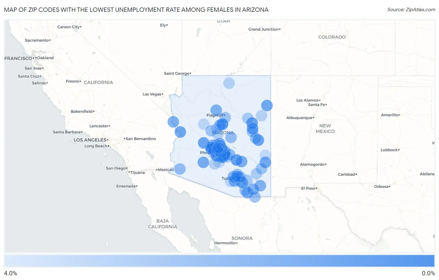 Zip Codes with the Lowest Unemployment Rate Among Females in Arizona Map