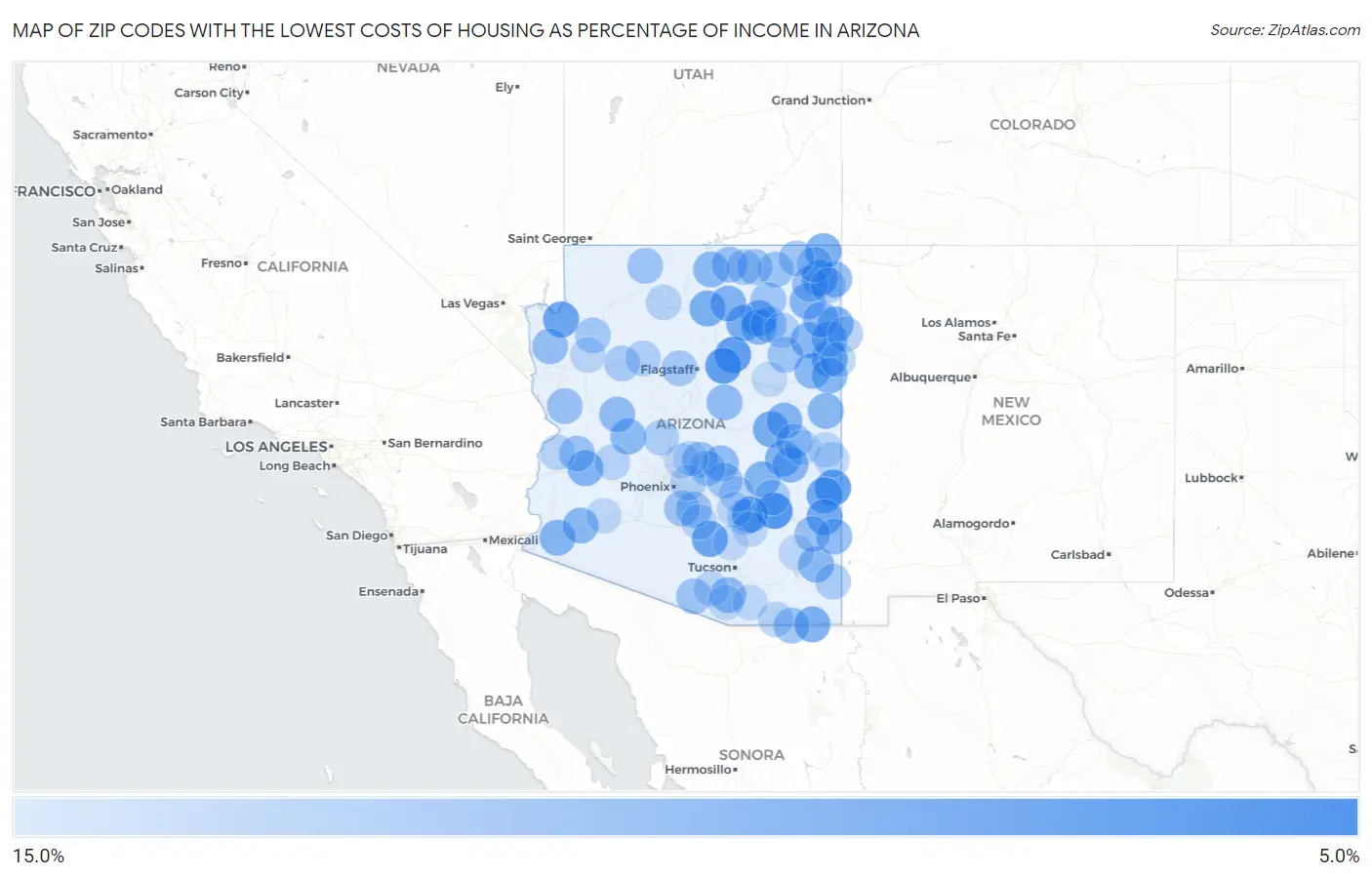 Zip Codes with the Lowest Costs of Housing as Percentage of Income in Arizona Map