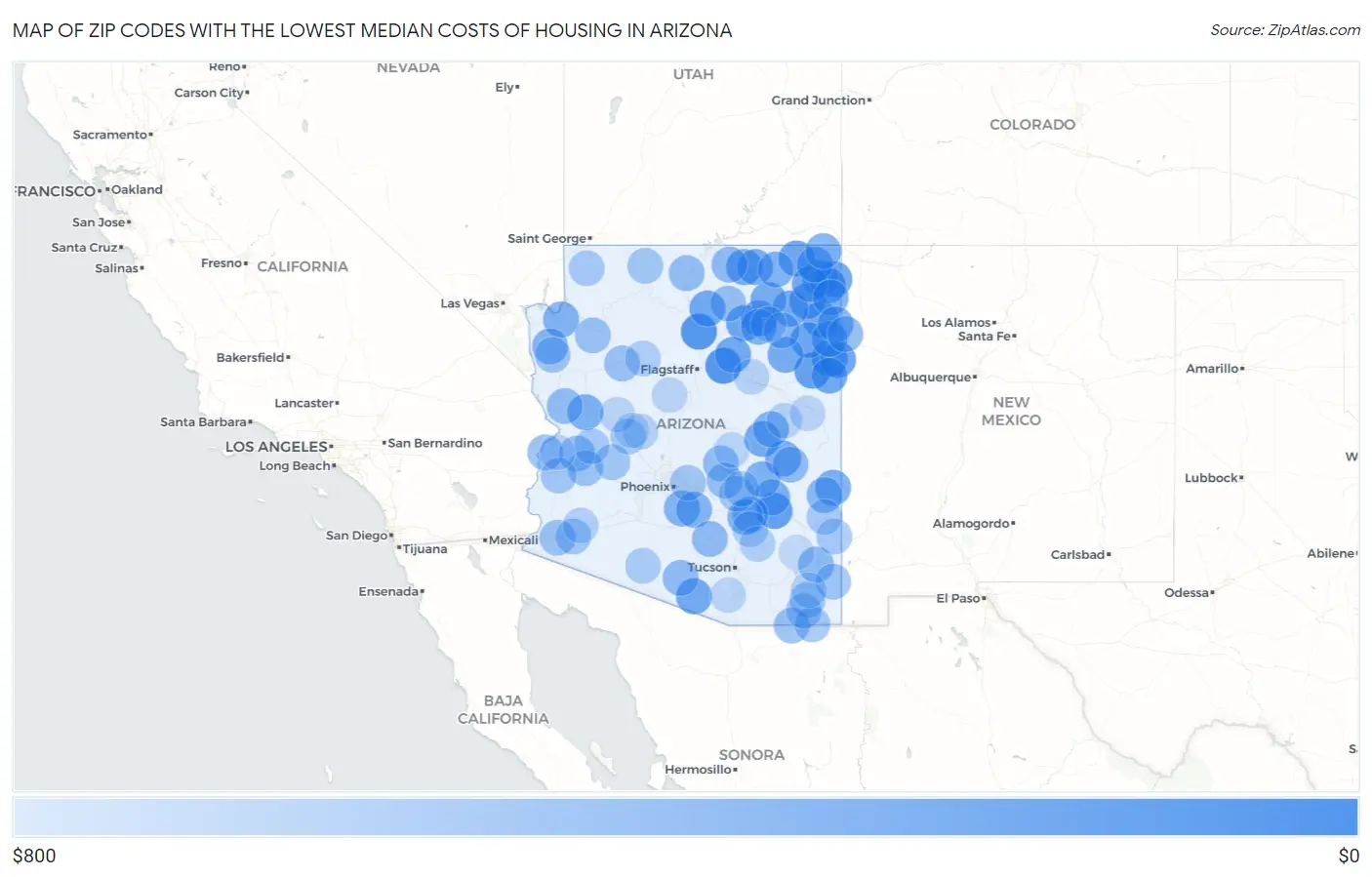 Zip Codes with the Lowest Median Costs of Housing in Arizona Map