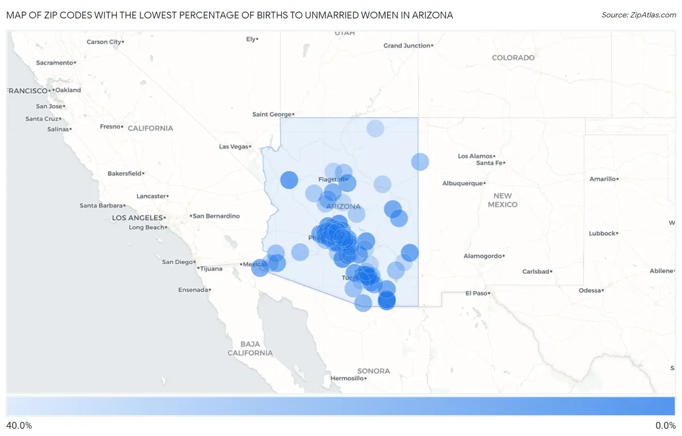 Zip Codes with the Lowest Percentage of Births to Unmarried Women in Arizona Map