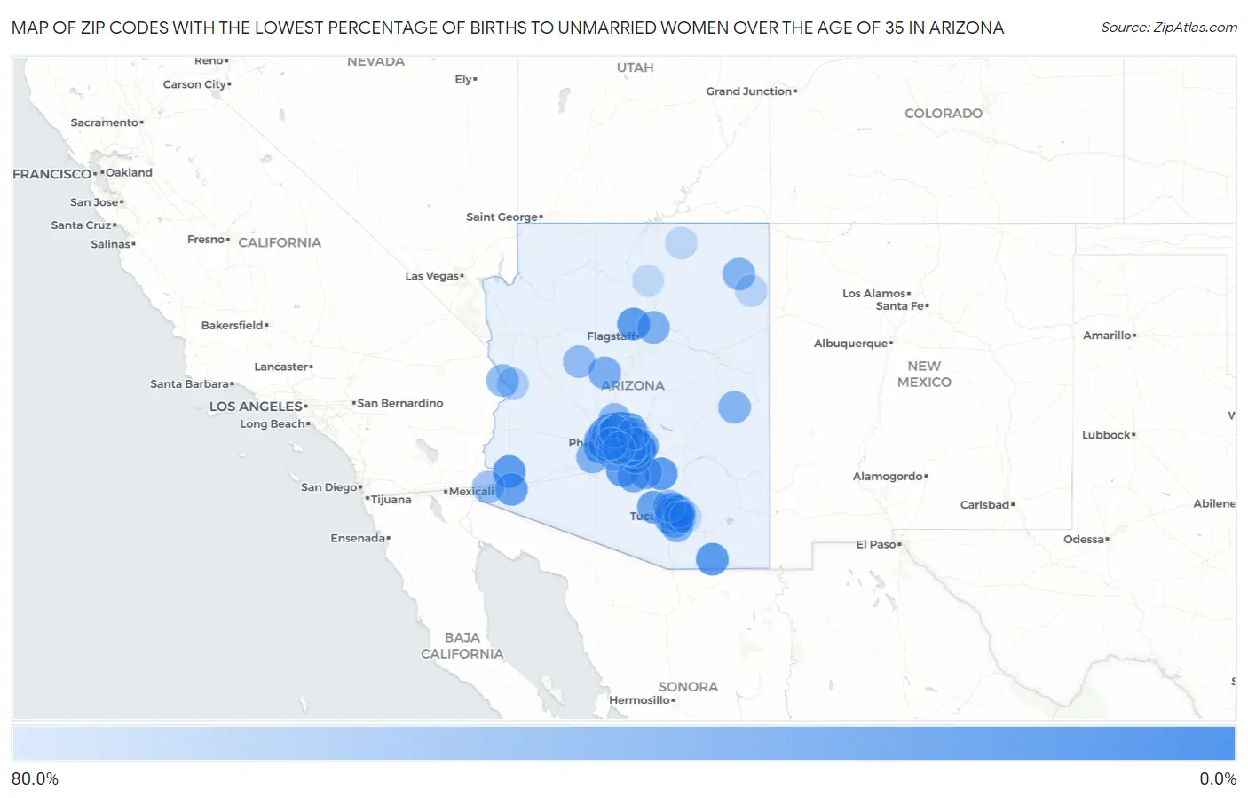 Zip Codes with the Lowest Percentage of Births to Unmarried Women over the Age of 35 in Arizona Map