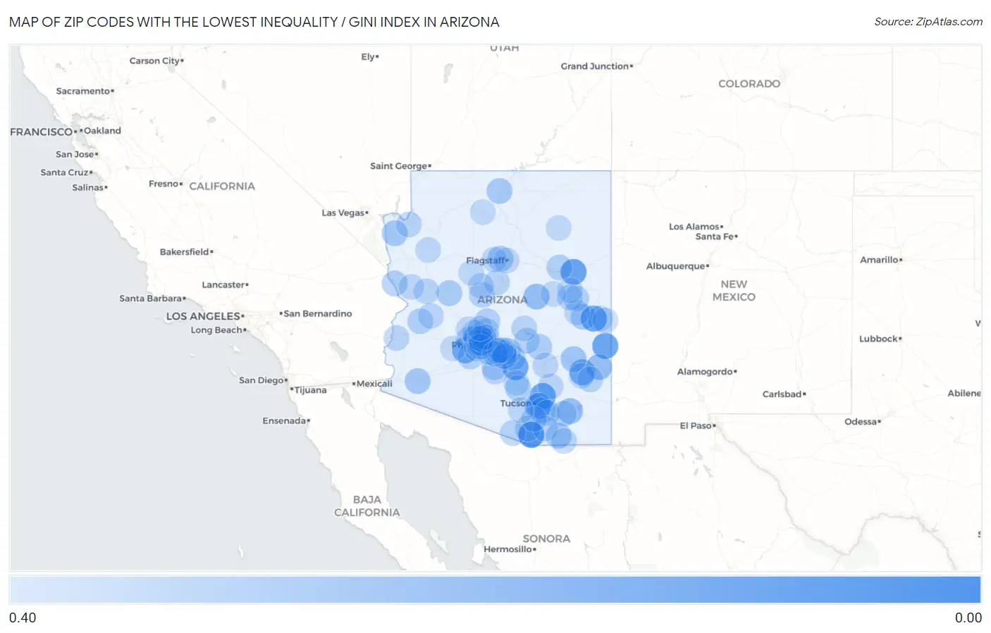 Zip Codes with the Lowest Inequality / Gini Index in Arizona Map