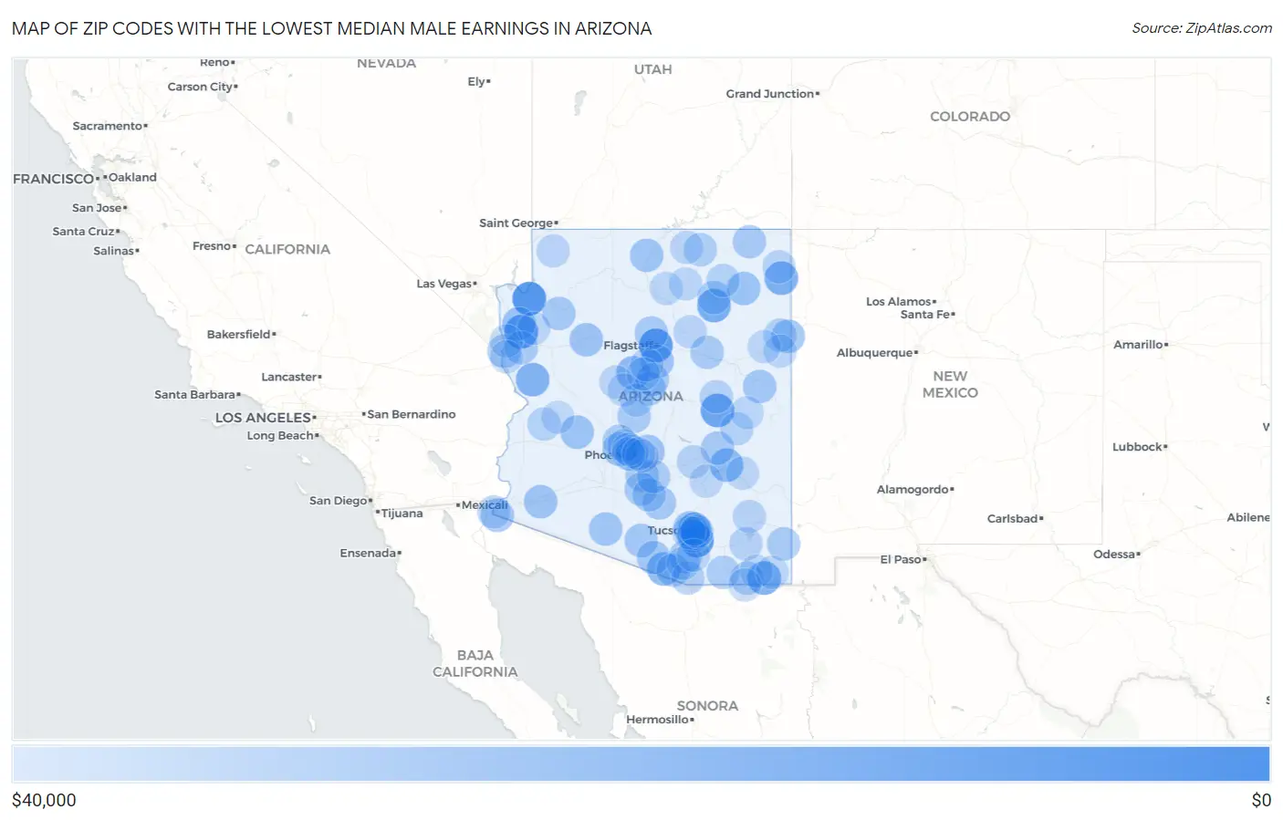 Zip Codes with the Lowest Median Male Earnings in Arizona Map