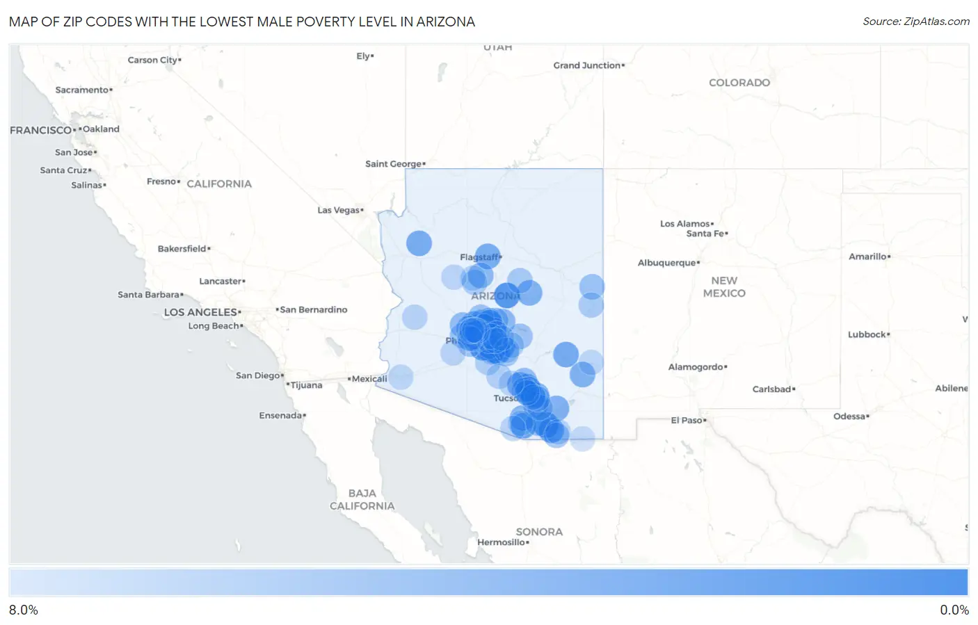 Zip Codes with the Lowest Male Poverty Level in Arizona Map