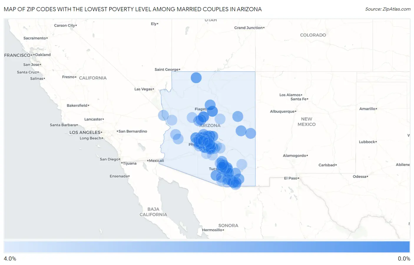 Zip Codes with the Lowest Poverty Level Among Married Couples in Arizona Map