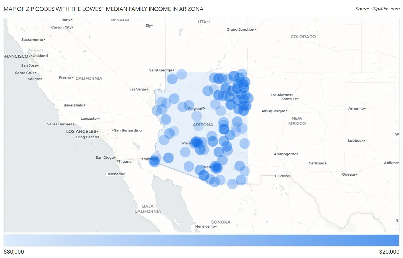 Zip Codes with the Lowest Median Family Income in Arizona Map
