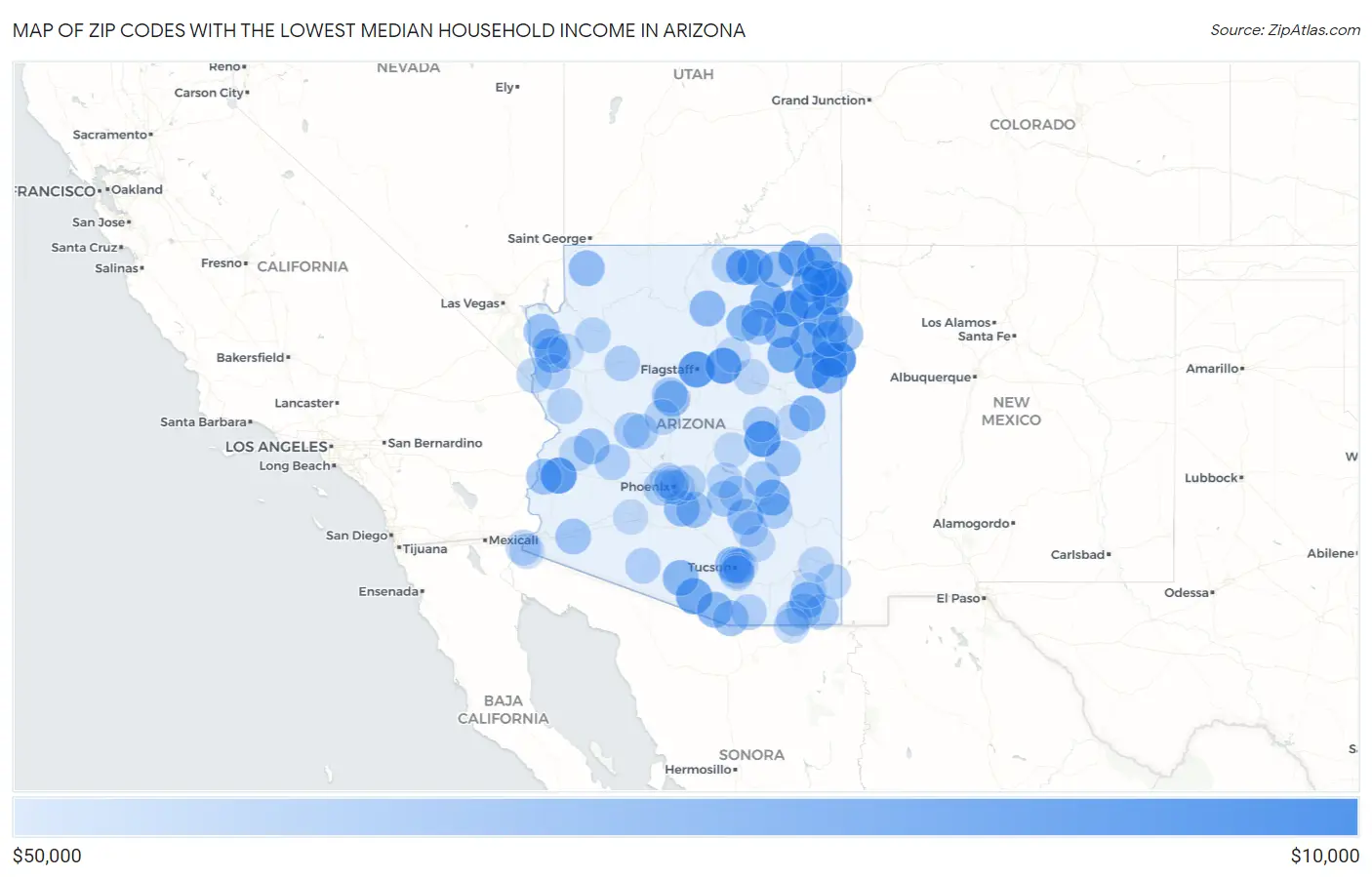 Zip Codes with the Lowest Median Household Income in Arizona Map