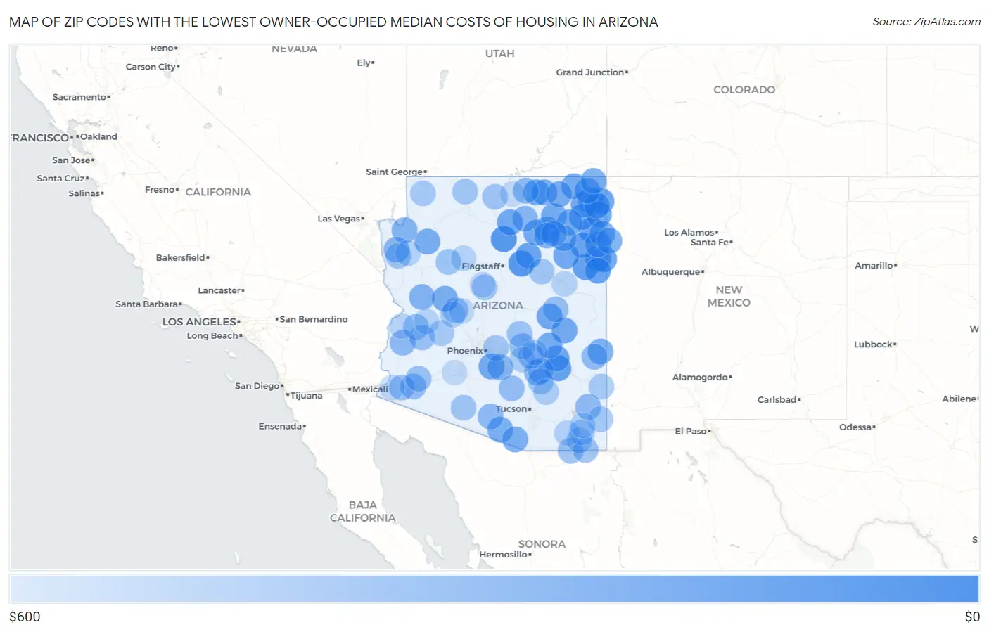 Zip Codes with the Lowest Owner-Occupied Median Costs of Housing in Arizona Map
