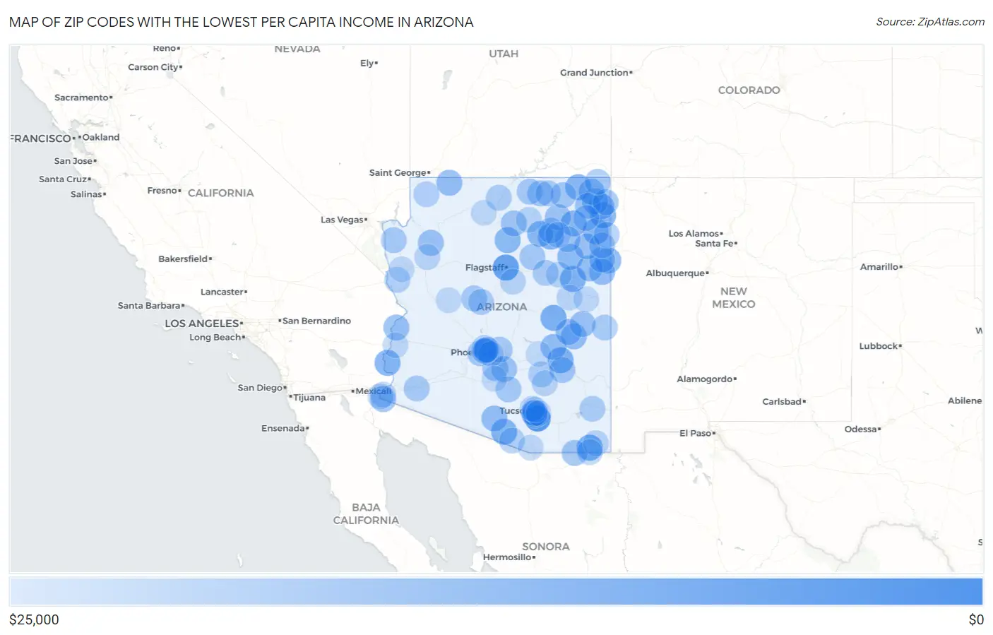 Zip Codes with the Lowest Per Capita Income in Arizona Map