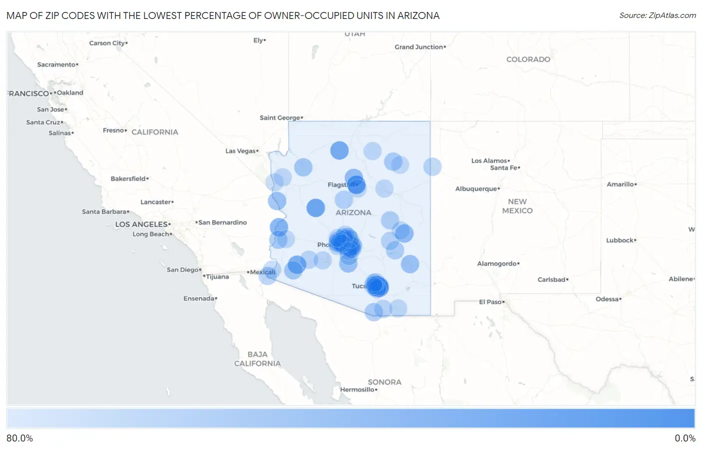 Zip Codes with the Lowest Percentage of Owner-Occupied Units in Arizona Map