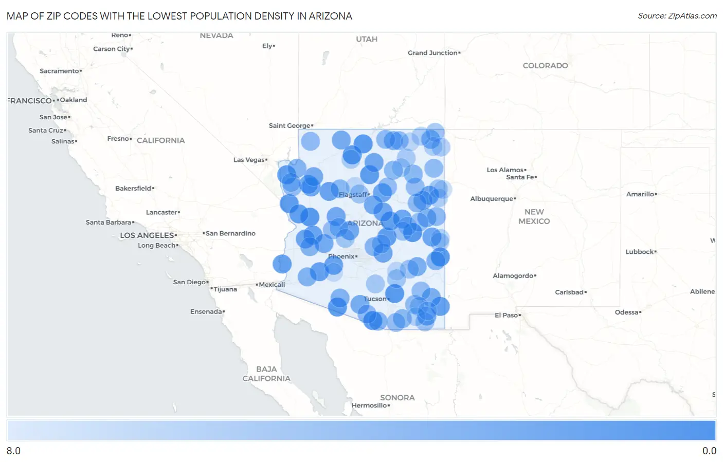 Zip Codes with the Lowest Population Density in Arizona Map