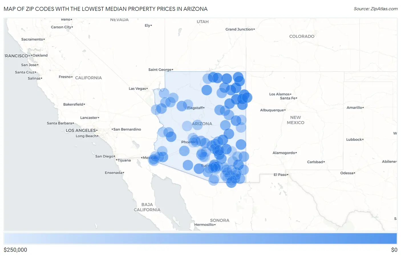 Zip Codes with the Lowest Median Property Prices in Arizona Map