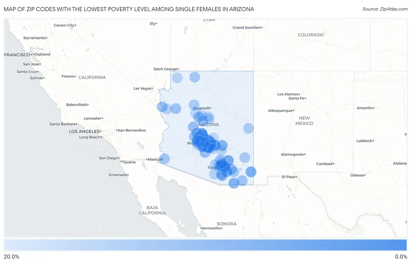 Zip Codes with the Lowest Poverty Level Among Single Females in Arizona Map