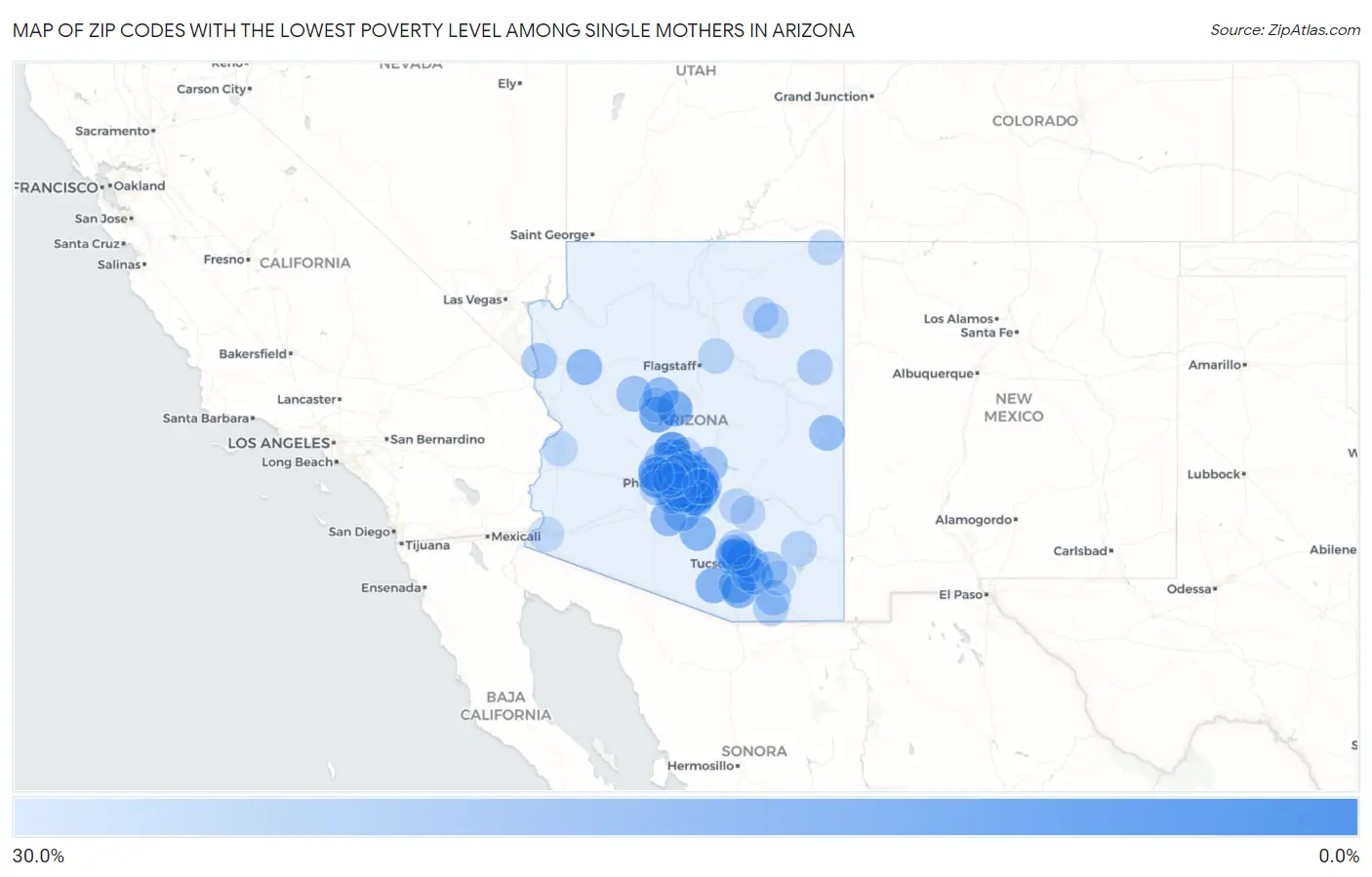 Zip Codes with the Lowest Poverty Level Among Single Mothers in Arizona Map