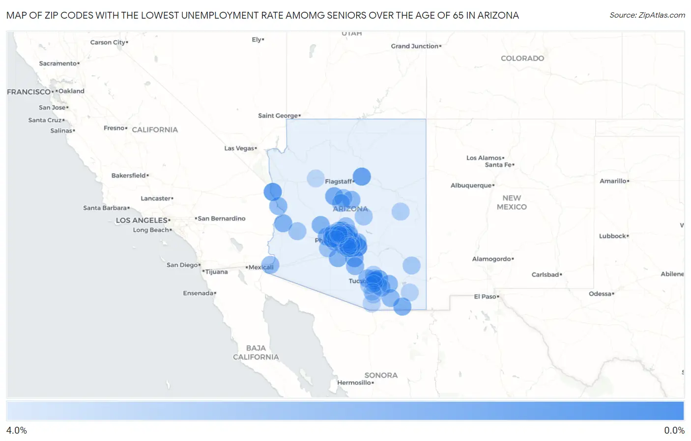 Zip Codes with the Lowest Unemployment Rate Amomg Seniors Over the Age of 65 in Arizona Map