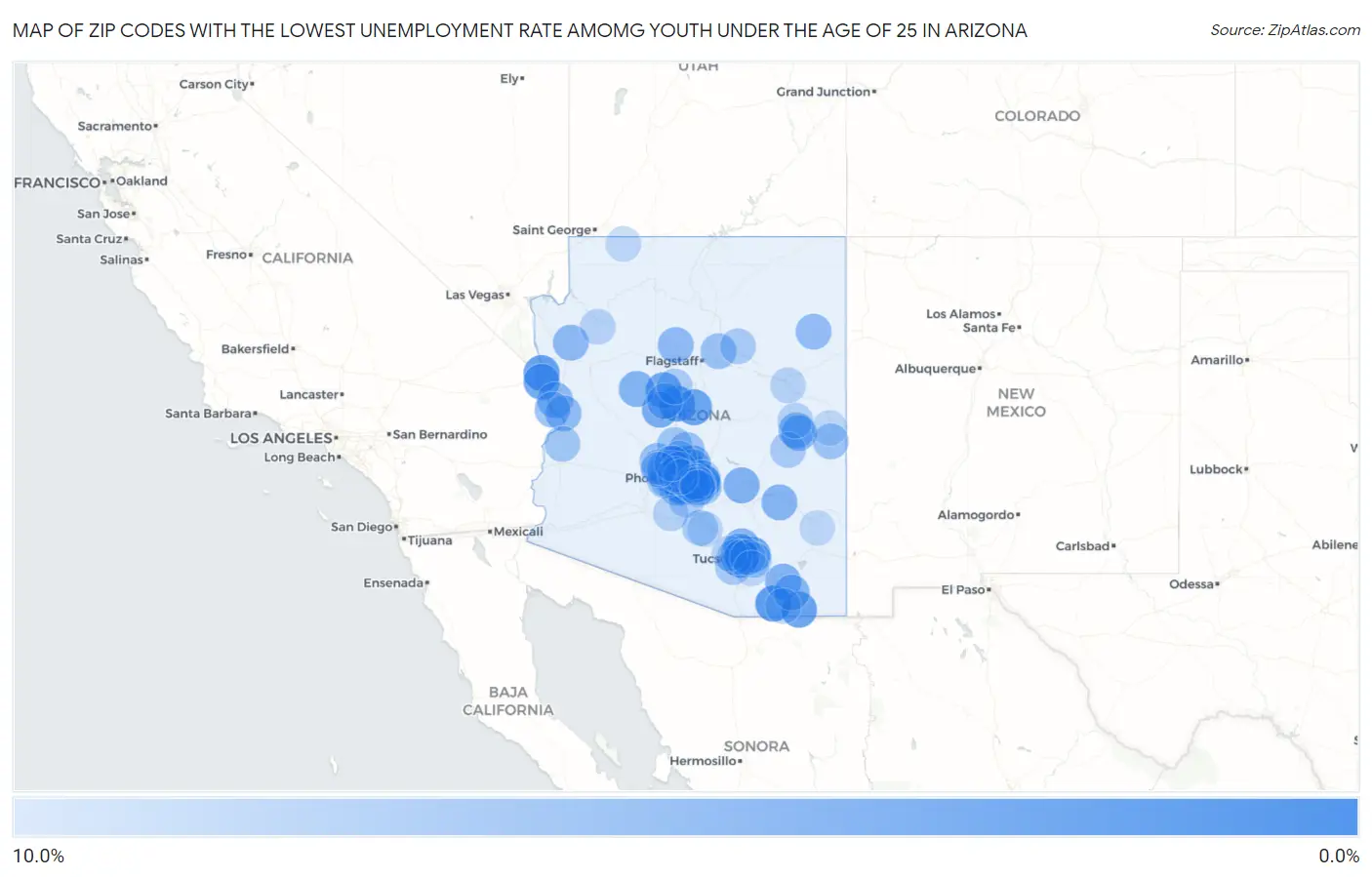 Zip Codes with the Lowest Unemployment Rate Amomg Youth Under the Age of 25 in Arizona Map