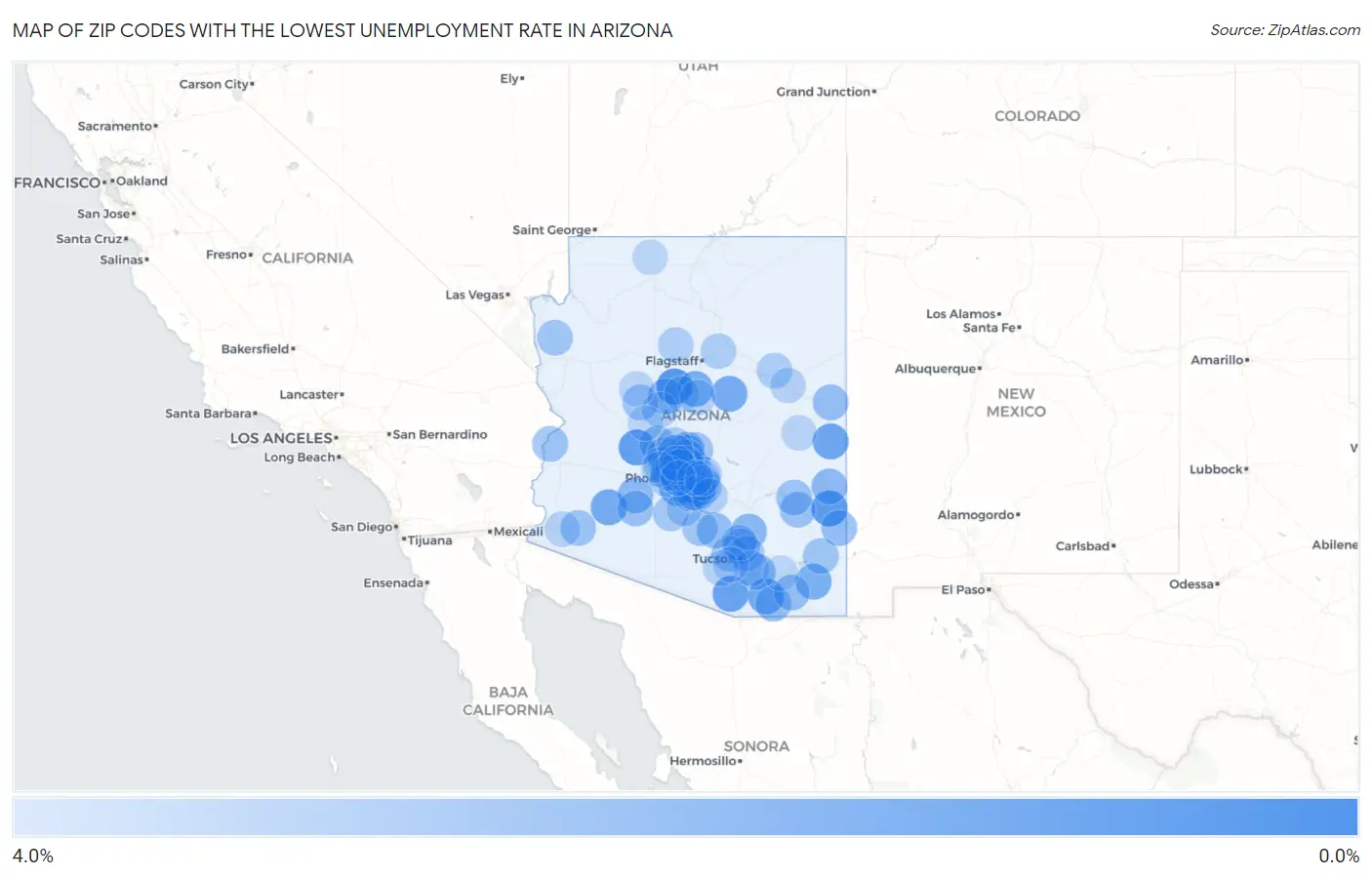 Zip Codes with the Lowest Unemployment Rate in Arizona Map