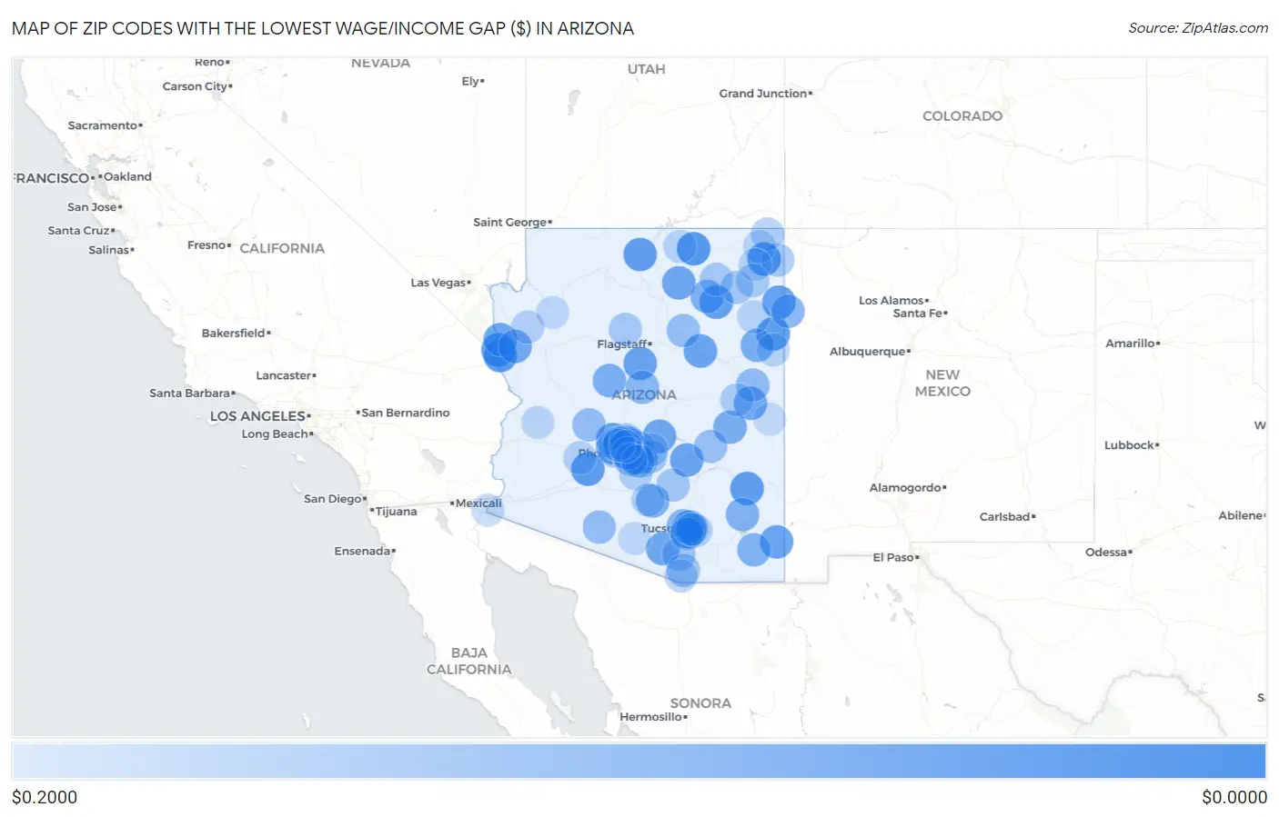 Zip Codes with the Lowest Wage/Income Gap ($) in Arizona Map