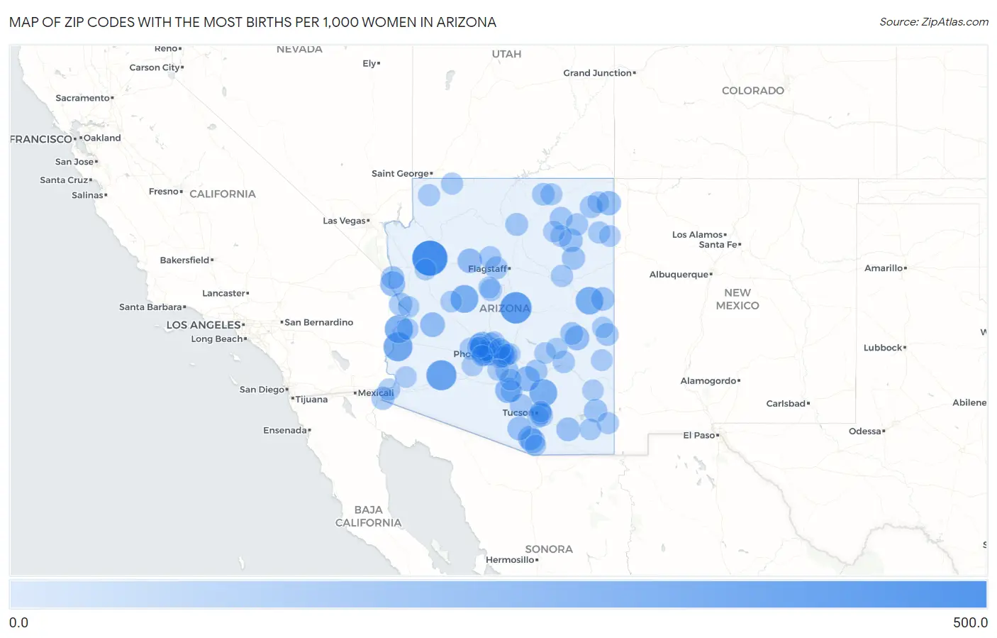 Zip Codes with the Most Births per 1,000 Women in Arizona Map