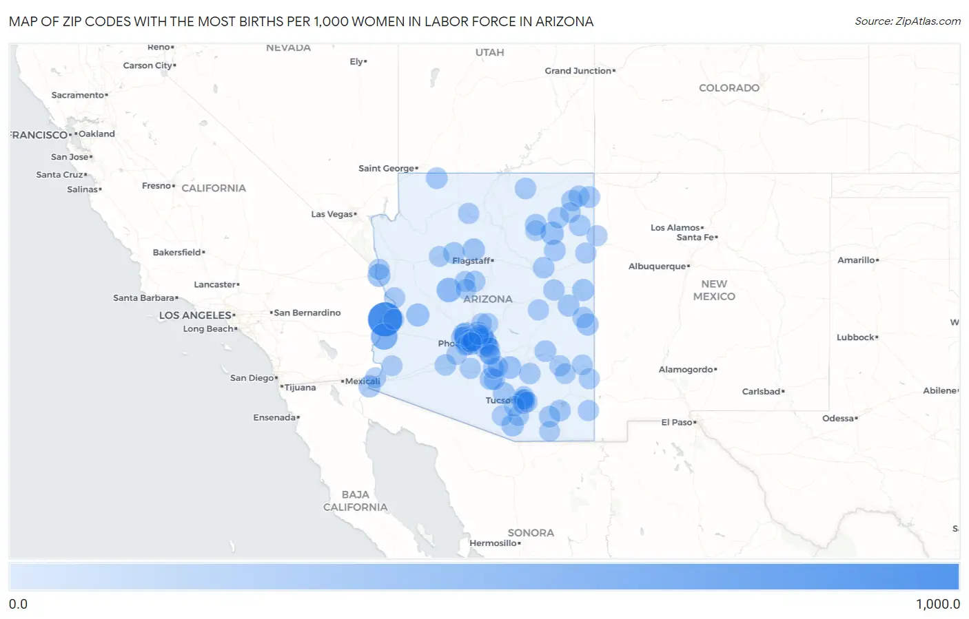 Zip Codes with the Most Births per 1,000 Women in Labor Force in Arizona Map