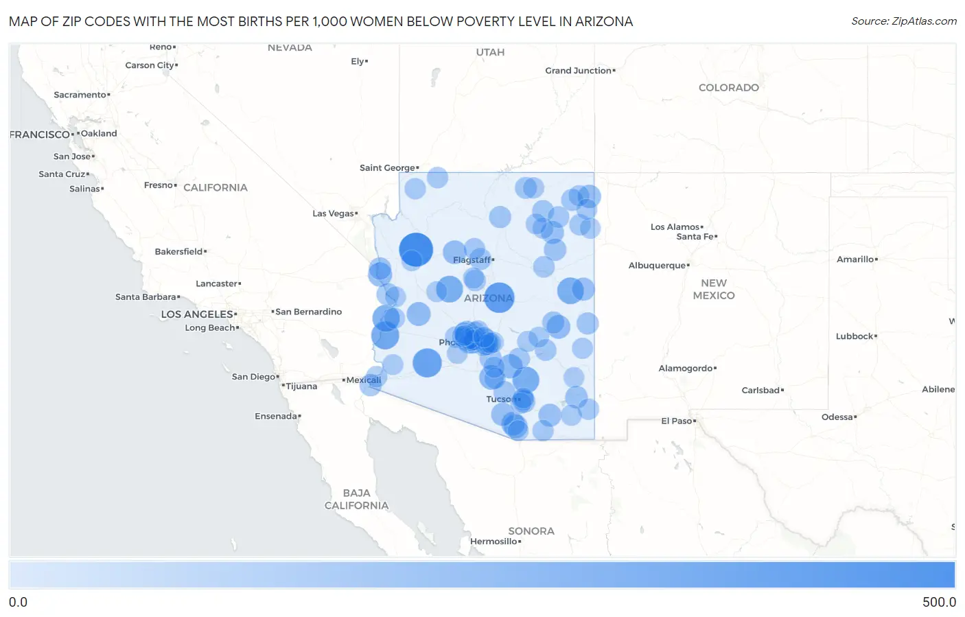Zip Codes with the Most Births per 1,000 Women Below Poverty Level in Arizona Map