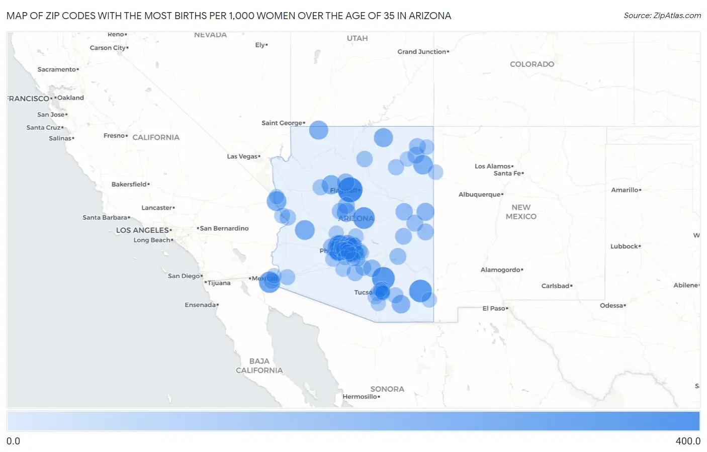 Zip Codes with the Most Births per 1,000 Women Over the Age of 35 in Arizona Map