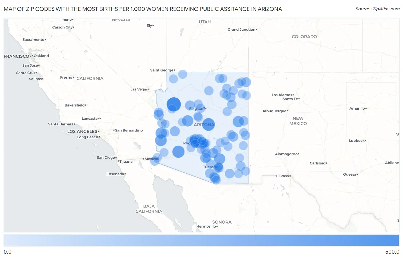 Zip Codes with the Most Births per 1,000 Women Receiving Public Assitance in Arizona Map