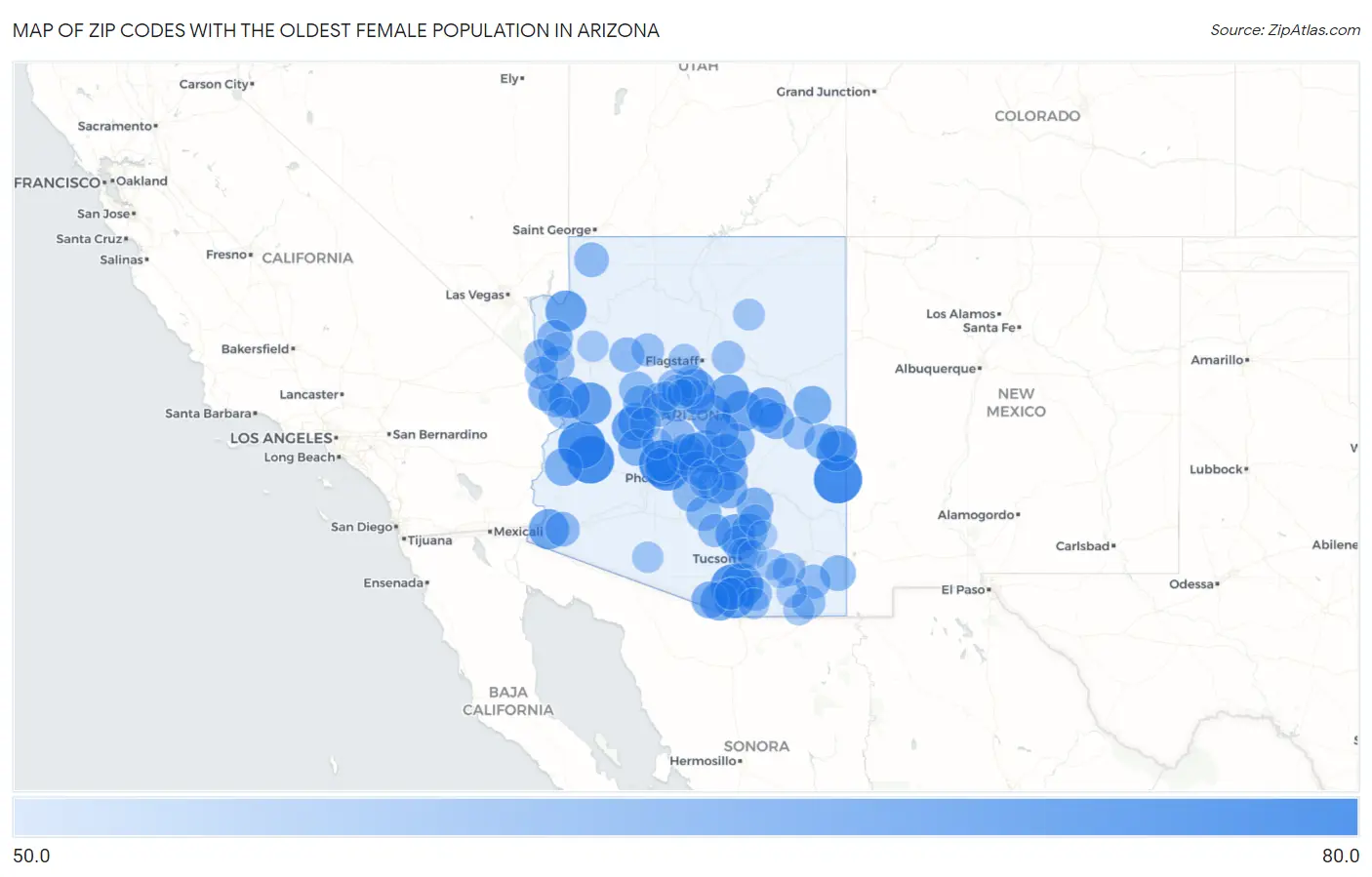 Zip Codes with the Oldest Female Population in Arizona Map