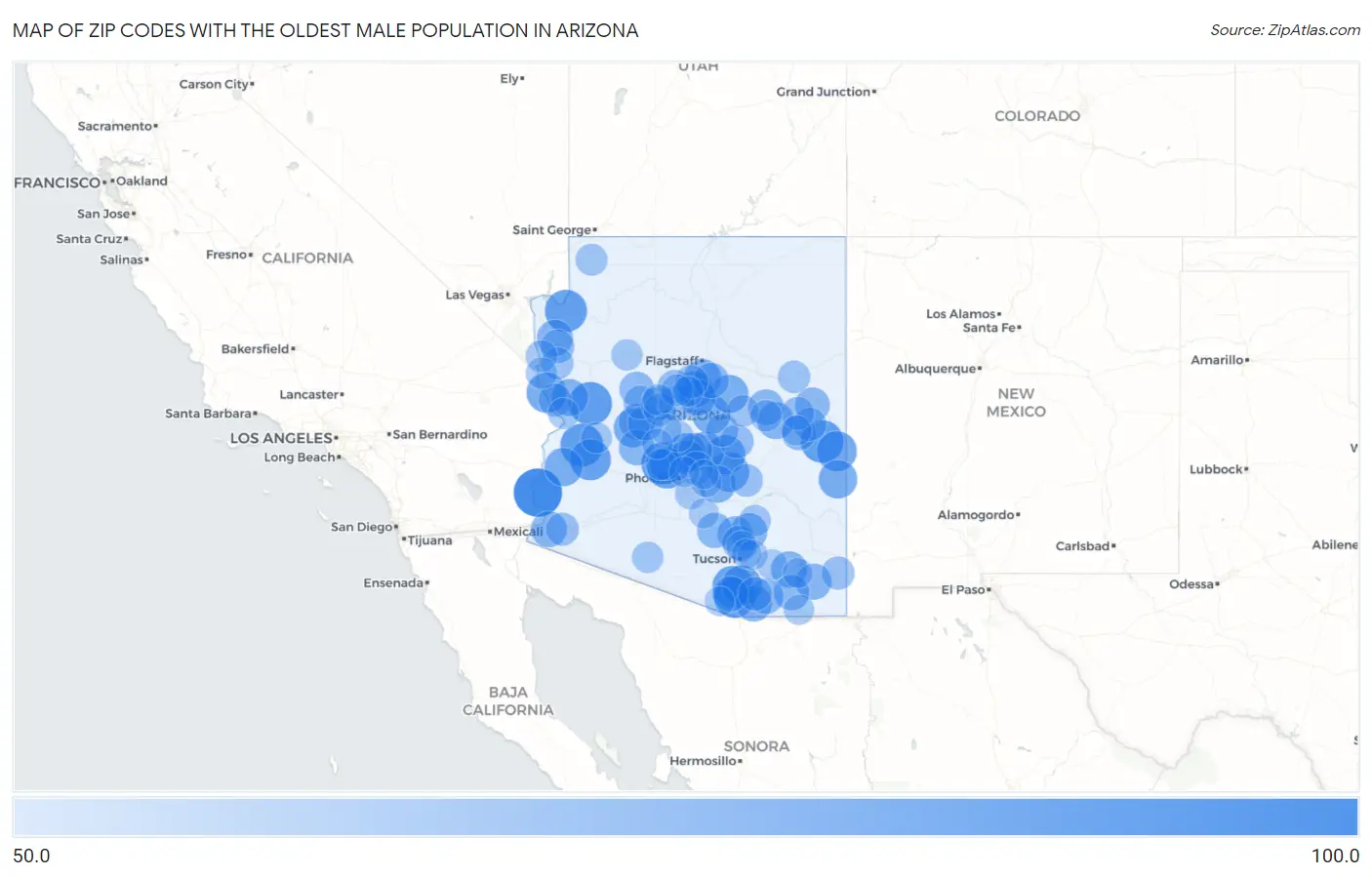 Zip Codes with the Oldest Male Population in Arizona Map