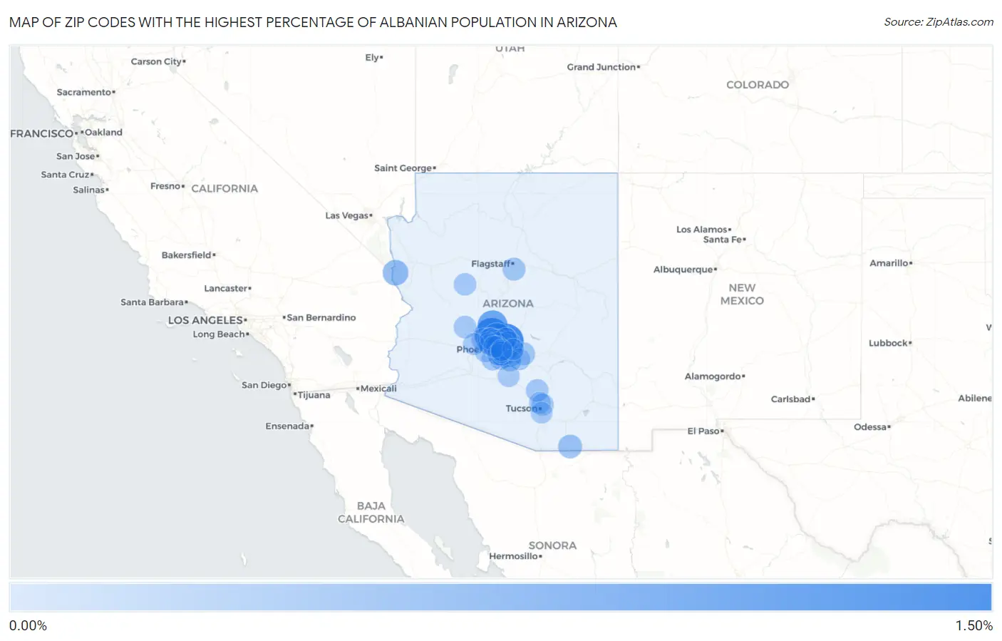 Zip Codes with the Highest Percentage of Albanian Population in Arizona Map