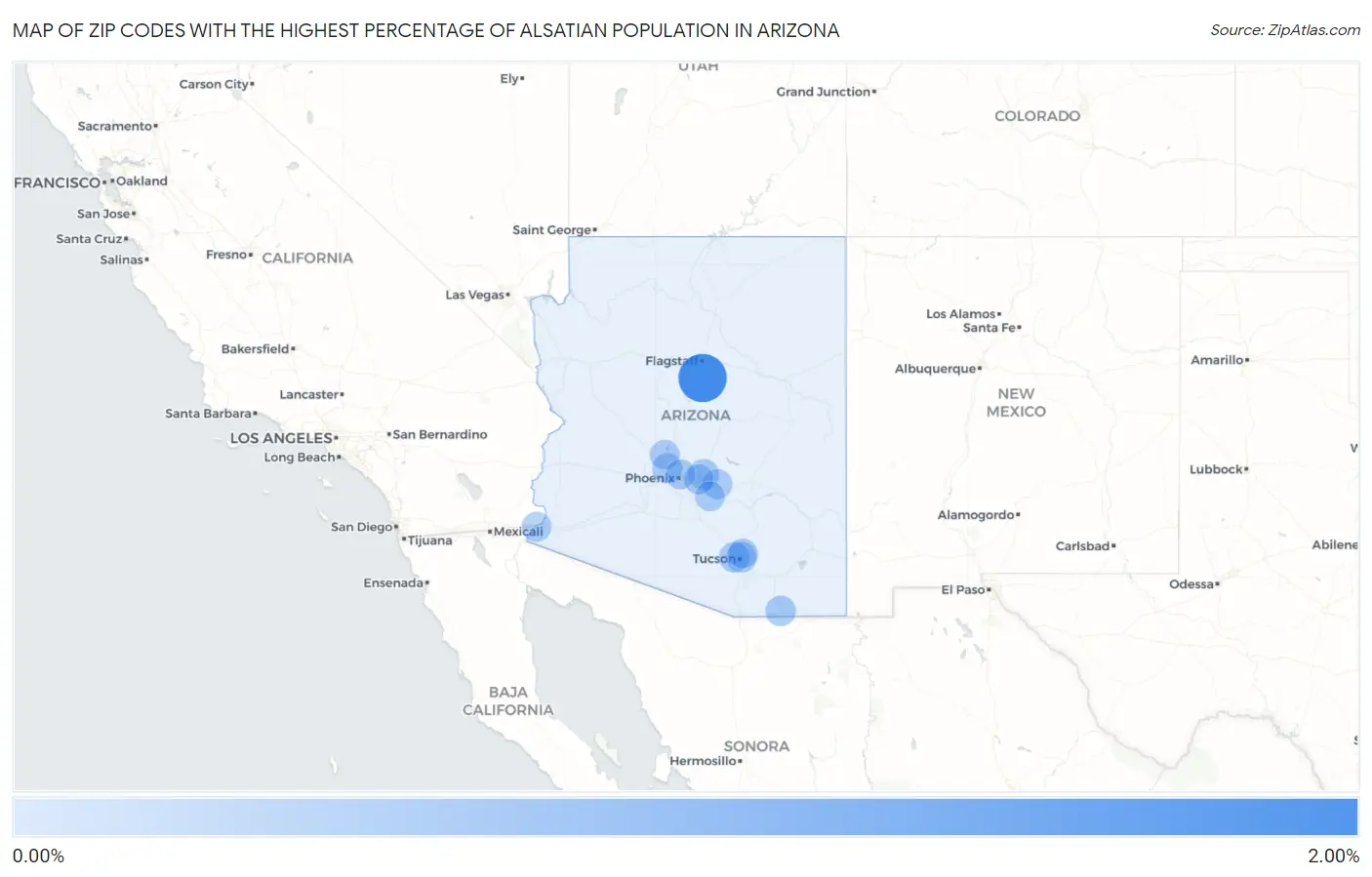 Zip Codes with the Highest Percentage of Alsatian Population in Arizona Map