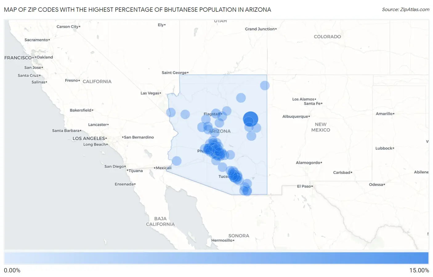 Zip Codes with the Highest Percentage of Bhutanese Population in Arizona Map
