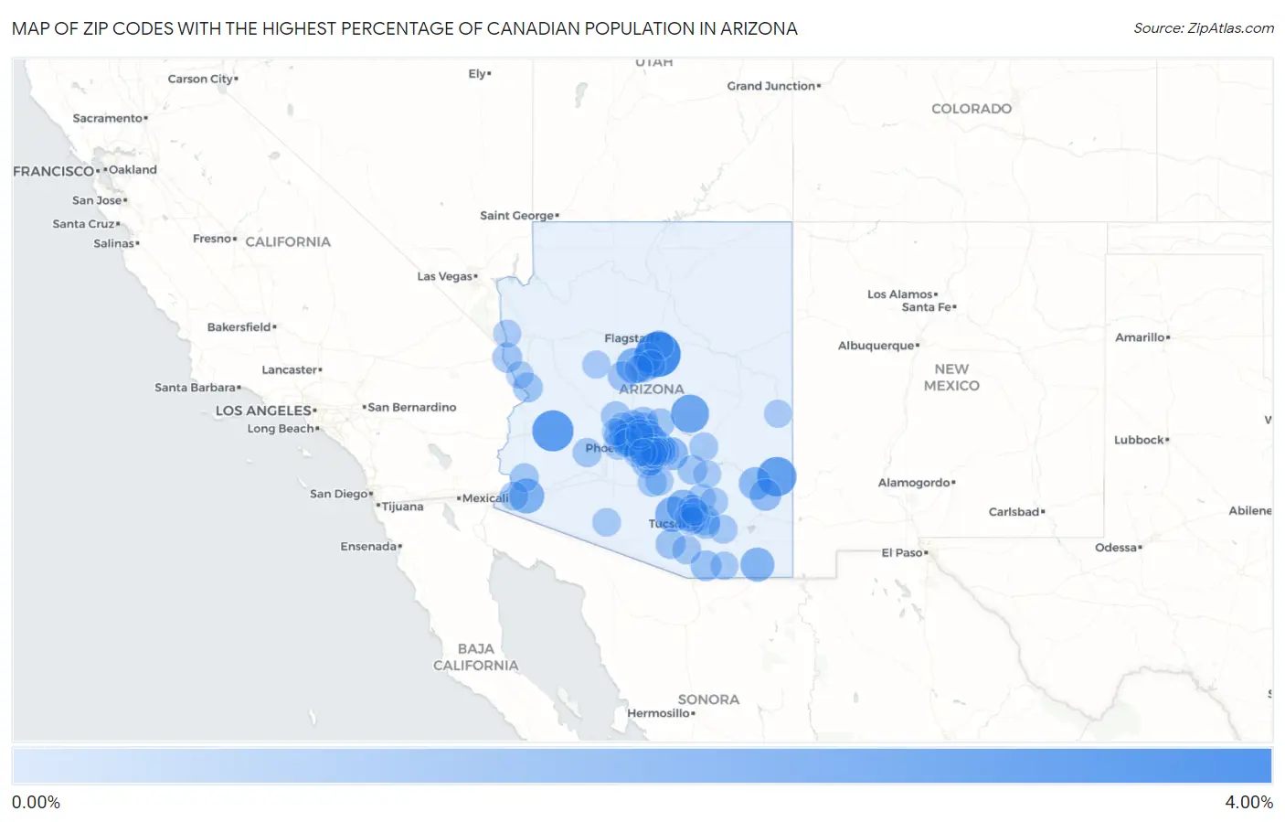 Zip Codes with the Highest Percentage of Canadian Population in Arizona Map