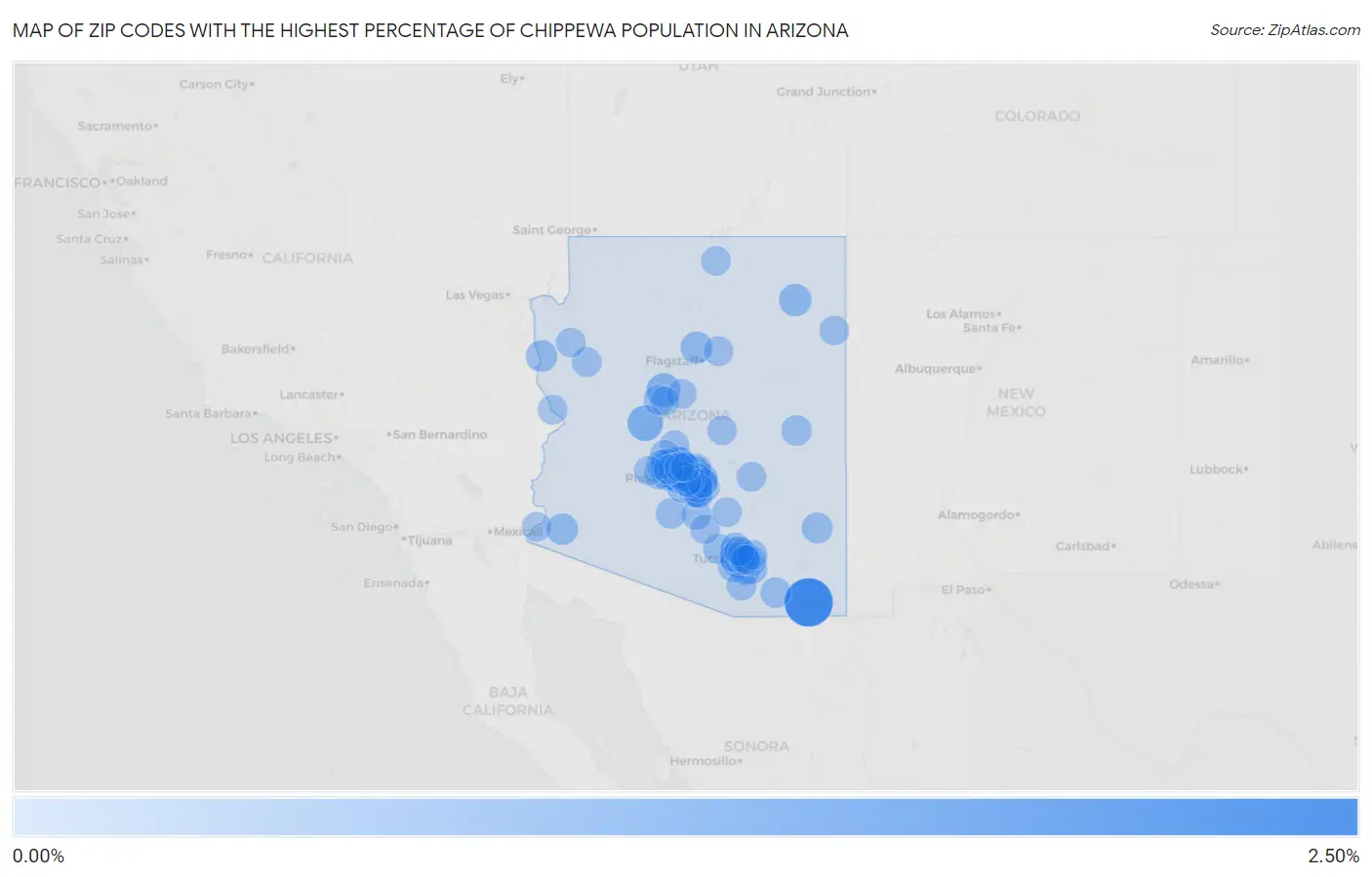 Zip Codes with the Highest Percentage of Chippewa Population in Arizona Map