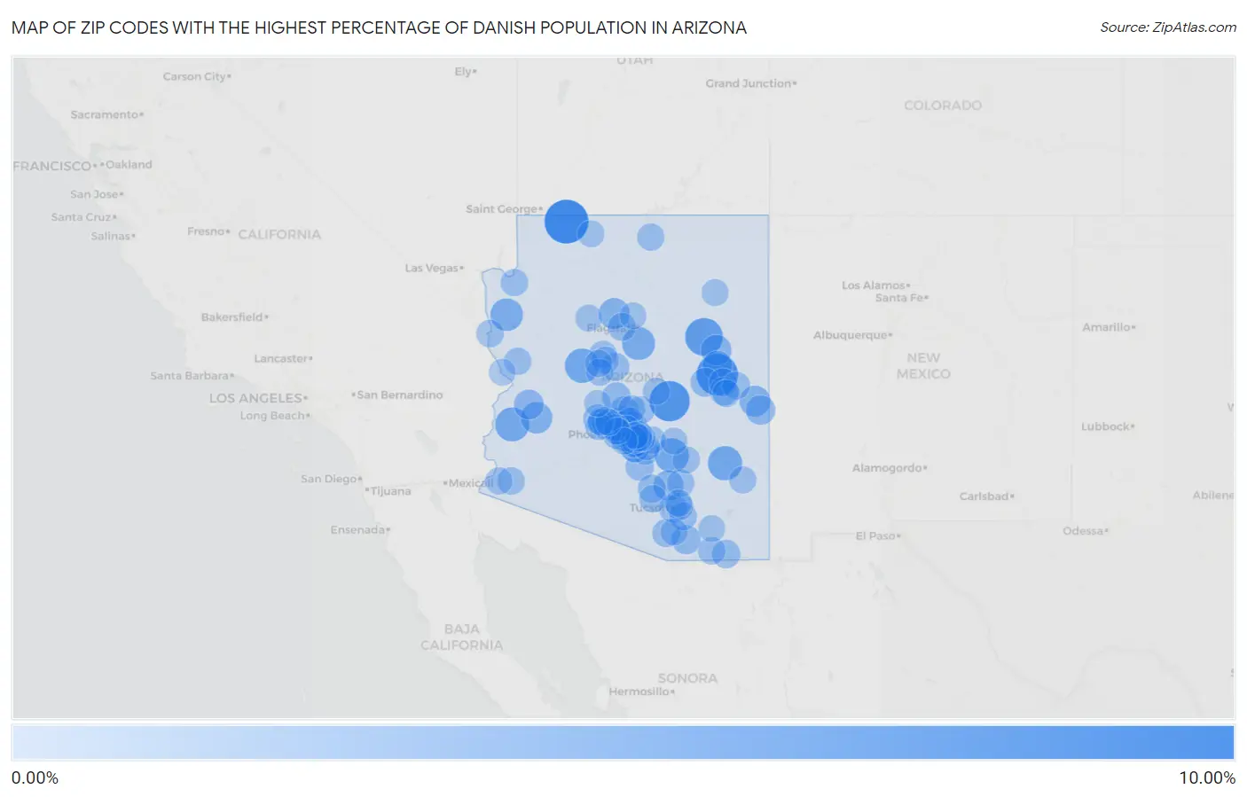 Zip Codes with the Highest Percentage of Danish Population in Arizona Map