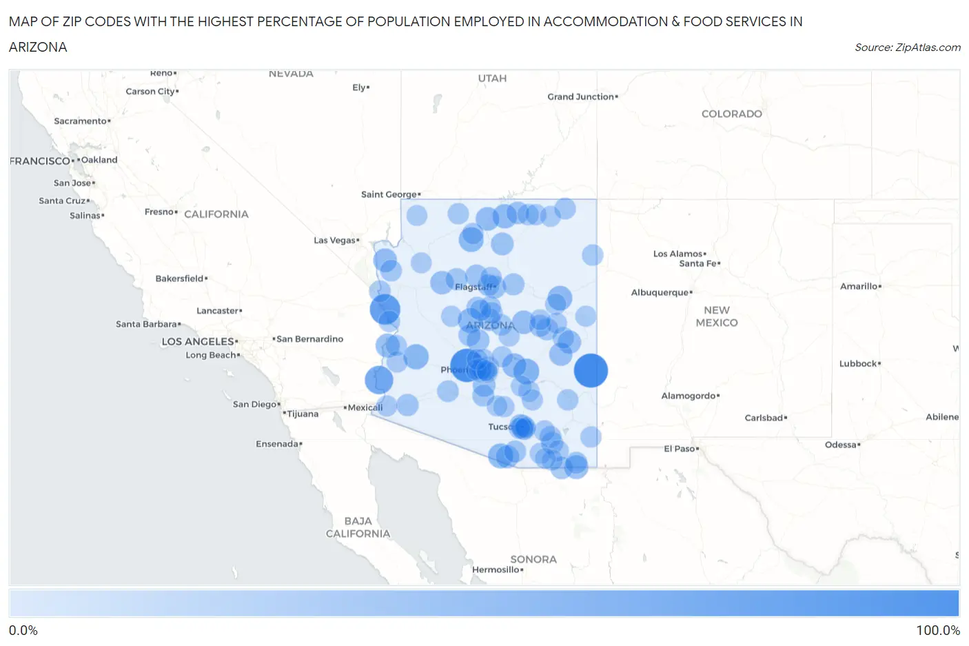 Zip Codes with the Highest Percentage of Population Employed in Accommodation & Food Services in Arizona Map