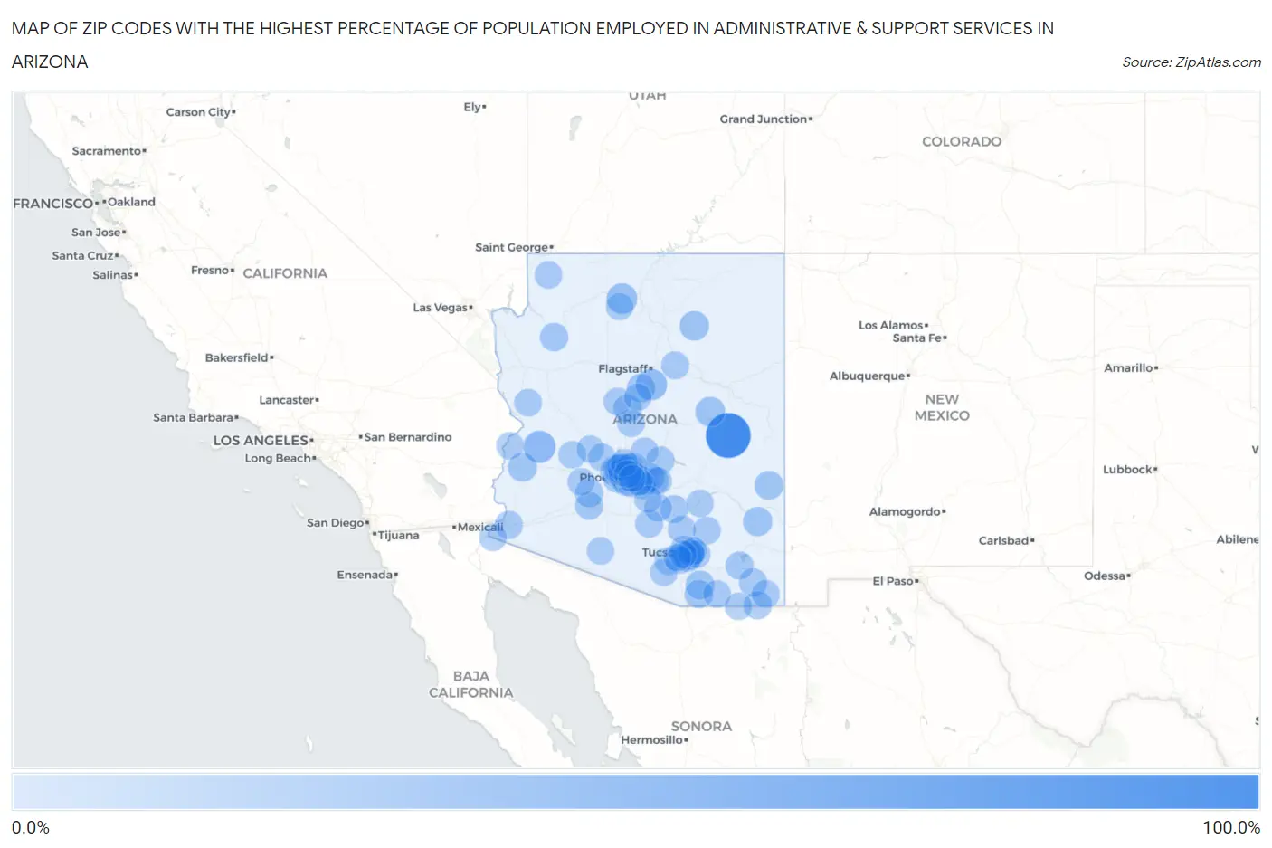 Zip Codes with the Highest Percentage of Population Employed in Administrative & Support Services in Arizona Map