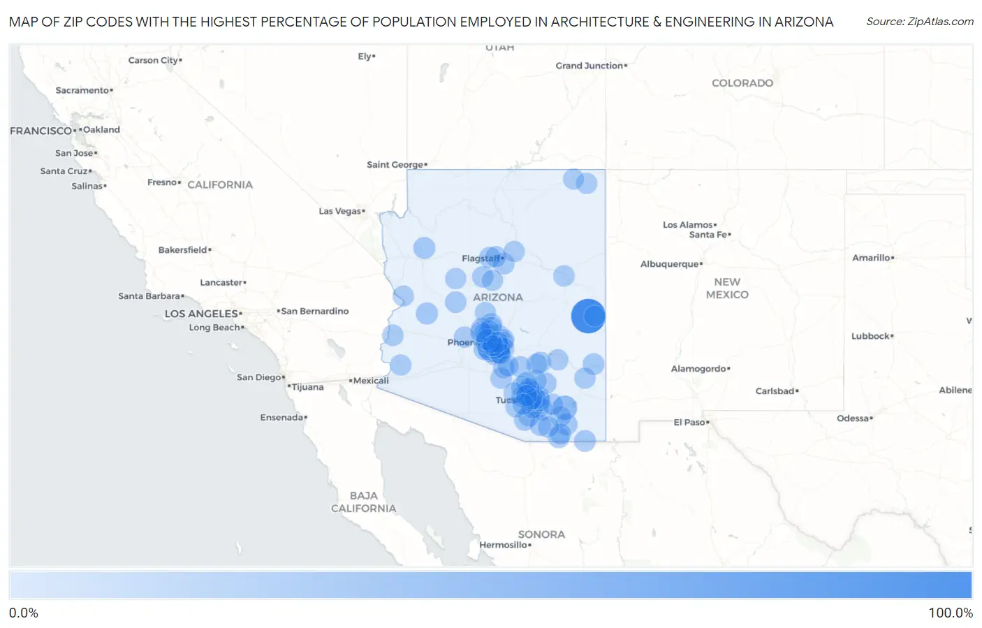 Zip Codes with the Highest Percentage of Population Employed in Architecture & Engineering in Arizona Map