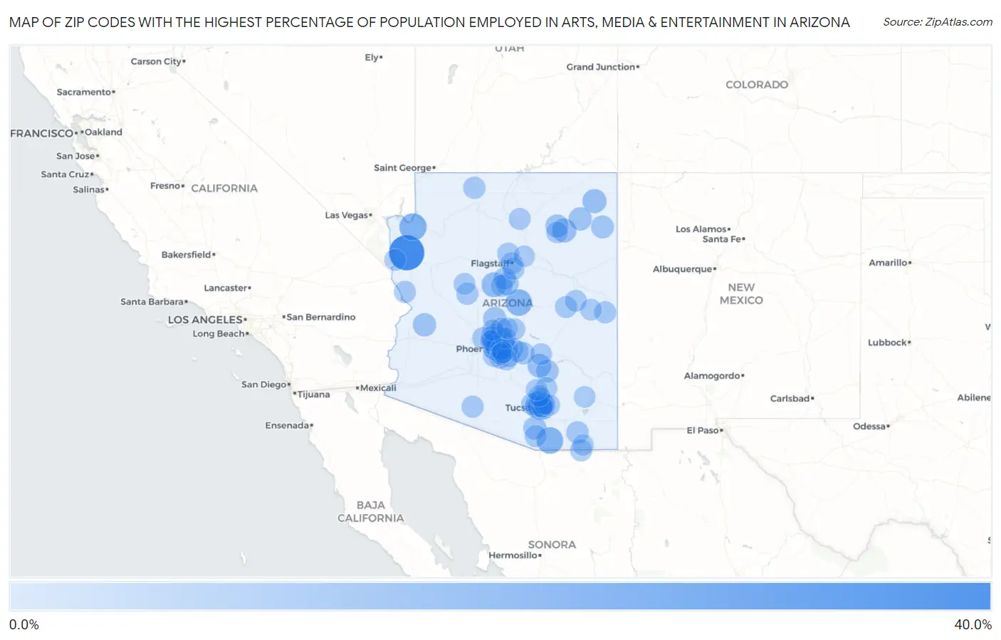 Zip Codes with the Highest Percentage of Population Employed in Arts, Media & Entertainment in Arizona Map
