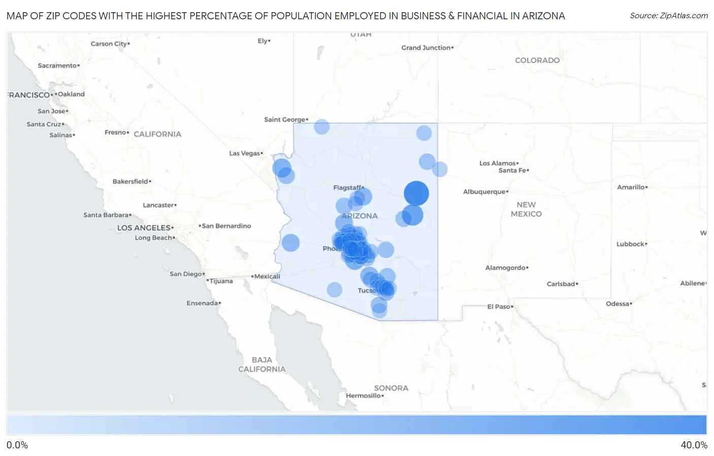 Zip Codes with the Highest Percentage of Population Employed in Business & Financial in Arizona Map